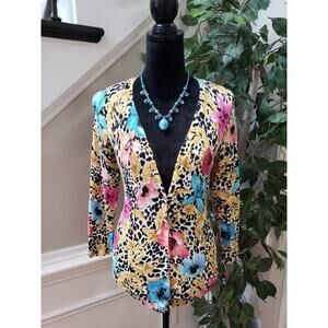 Cach'e Women Multicolor Floral Rayon Long Sleeve Button Front Cardigan Sweater M